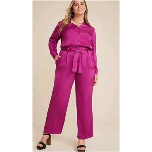 Maurices Satin XL Pink Fushia Women's Two Piece Button Career Pockets Pant Tie